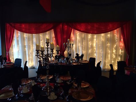 Phantom of the Opera Themed Ball  #phantomoftheopera #dinner #reception #ball #red #stagecurtain #stage #lethbridgeeventrentals #lethbridgeevents #catering #decor #french Phantom Of The Opera Backdrop, Catering Decor, Stage Curtains, Dinner Reception, Prom Ideas, The Opera, Event Rentals, Phantom Of The Opera, Event Rental