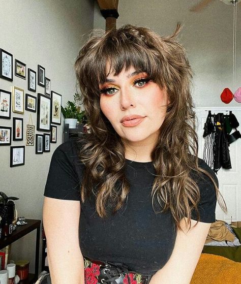 Edgy Shag Haircut With Bangs, Choppy Shag Hairstyles Medium With Bangs, 80s Shag Mullet, Shag Mullet Shoulder Length, 70s Shag Mullet Women, Shoulder Length Mullet Shag, Feminine Mullet Shag, Shag Updo, Long Shag Cut With Bangs