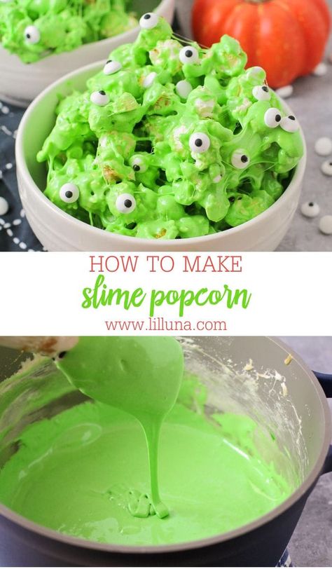 Slime Popcorn, Spooky Slime, Popcorn Halloween, Marshmallow Popcorn Balls, Lime Popcorn, Delicious Halloween Treats, Marshmallow Popcorn, Halloween Appetizers Easy, Sweet And Spooky