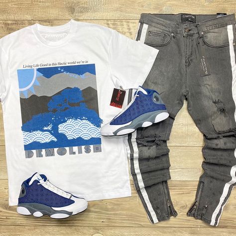 Exclusive Apparel & Footwear on Instagram: “🔥 (Click to Purchase) Living Life Good Tee (White) | Double Stripe Denim Jeans (Grey) | Air Jordan 13 “Flint” | Call (305) 623-0950 |…” Jordan 13 Outfit Men, Jordan 13 Outfit, Jordan 13 Flint, Drippy Outfit, Boys Outfits, Country Casual, Clothes Jewelry, Mens Fashion Streetwear, Jeans Grey