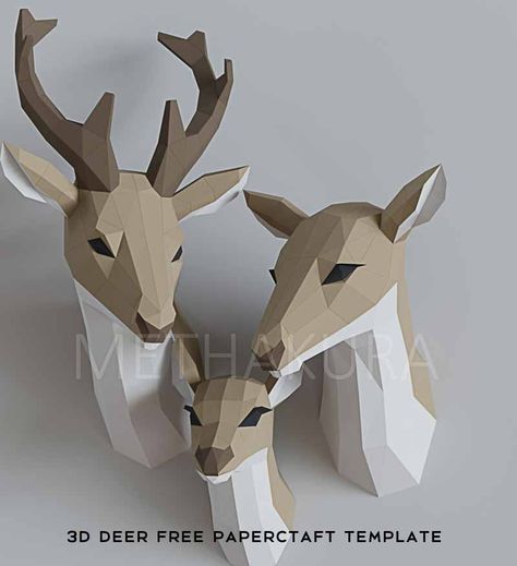 Introducing 3d Deer family DIY papercraft. Two deers in one file, 1 small deer in 1 separate file. 600 mm height if printed on A4 paper format. Made by methacura. For personal use.Free for download Papercraft Templates Printables, 3d Templates, Small Deer, Paper Flower Arrangements, Animal Templates, 3d Paper Art, 3d Figures, Purchase Card, Deer Family