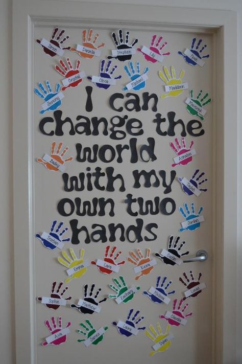 Handprint Door Decorations Classroom, Hands Bulletin Board Ideas, Twos Classroom Door Ideas, Change Is All Around Theme Infants, Hand Print Quotes, September Door Decorations, Daycare Lobby Ideas, Toddler Classroom Door Ideas, Easy Classroom Door Ideas