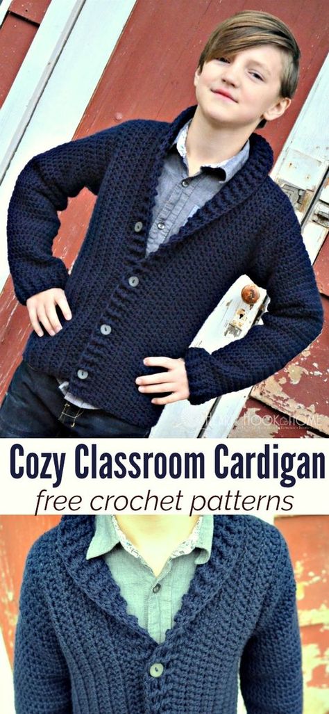 Free cardigan crochet pattern for boys, size 8 10 Mens Shawl Collar Cardigan Crochet Pattern, Cozy Classroom, Crochet Cardigan Free, Crochet Sweater Free, Cardigan Crochet Pattern, Crochet Men, Crochet Cardigan Pattern Free, Boys Cardigans, Crochet Kids