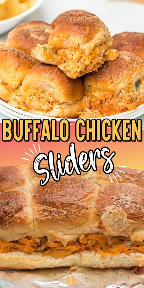 Buffalo Chicken Sliders are the ideal snacking sandwich simply made with tangy, tender shredded chicken piled high on top of sweet Hawaiian rolls and topped with melted cheese. These easy-to-make, quick-to-bake sliders are the perfect party food, game day appetizer, or anytime mini-meal. Slider Rolls Recipe, Easy Chicken Sliders, Gf Appetizers, Easy Sliders, Buffalo Chicken Sliders Recipes, Sweet Hawaiian Rolls, Sliders Recipes Hawaiian Rolls, Savory Appetizers, Sliders Recipes Chicken