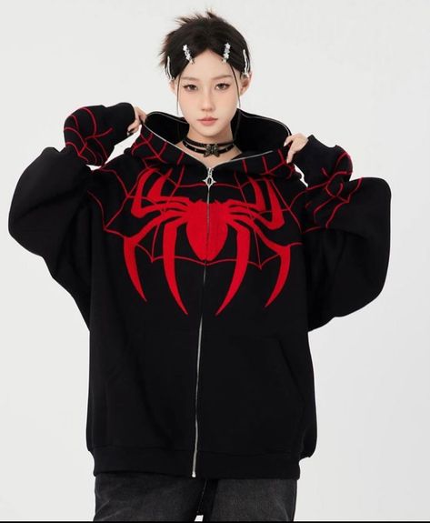 Autumn Couple, Spiderman Hoodie, Spiderman Outfit, Spider Hoodie, Oversized Zip Up Hoodie, Estilo Tomboy, Baseball Fashion, Ladies Short Jackets, Streetwear Jackets