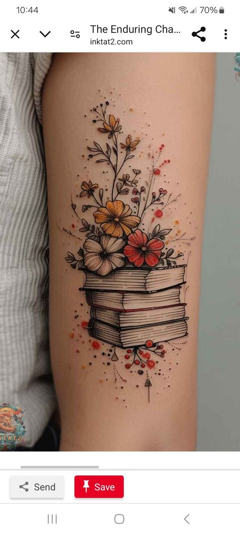 Colored Book Tattoo, Witches Garden Tattoo, Floral Book Sleeve Tattoo, Shoulder Tattoo Women Unique, Book Flower Butterfly Tattoo, Books And Nature Tattoo, Autumnal Tattoo Ideas, Writer Tattoos For Women, Traditional Style Book Tattoo