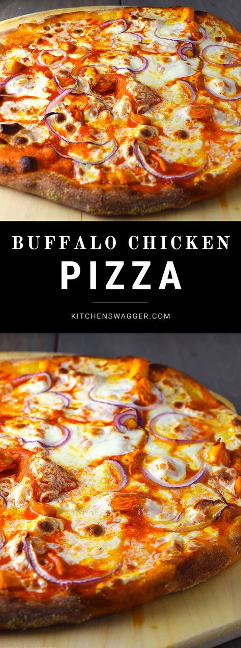 Buffalo chicken pizza made with chicken, red onions, and fresh mozzarella cheese. Kitchen Swagger, Buffalo Chicken Pizza Recipe, Chicken Pizza Recipe, Chicken Pizza Recipes, Chicken Fresh, Buffalo Chicken Pizza, Calzone Pizza, Naan Pizza, Night Recipes