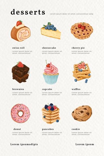 Menu Drawing, Desserts Drawing, Dessert Illustration, Types Of Desserts, Bakery Menu, Food Infographic, Desserts Menu, Cute Food Art, Cafe Menu