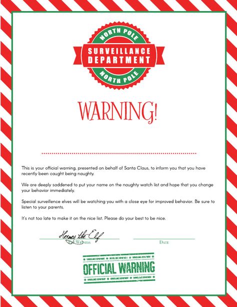 Warning Letter From Santa | Have your kids been naughty this year? Give them one last chance to redeem themselves with this printable warning letter from Santa and his elves. It editable so you can put your child's name on the line at the top. #santaclaus #elves #naughtylist Elf On The Shelf Clean Your Room Letter, Naught List Letter From Santa, Elf On The Shelf Letter From Santa, Elf Warning Letter, Elf On The Shelf Warning Letter, Santa Cam Letter Printable Free, Elf Warning Letter Free Printable, Santa Evidence Ideas, Santa Warning Letter Free Printable