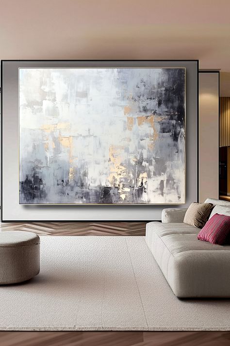 Original handmade abstract painting: textured gray and gold brushstrokes creating elegant, modern wall art with customizable sizes Transitional Art, Modern Transitional, Textured Artwork, Contemporary Home Decor, Abstract Paintings, Interior Art, Grey And Gold, Abstract Wall, Touch Of Modern