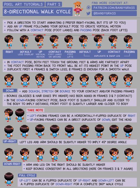 Official Post from Sandy Gordon: Here's Part 2 of the 8-Directional sprite tutorial! Animating in all 8 directions might seem like a daunting task, but hopefully following these steps makes it seem more manageable. =) Top Down Character Design, Pixel Walk Cycle, Pixel Top Down, Pixel Art Walk Cycle, 8 Direction Sprite, Pixel Art Sprites Character Design, Pixel Animation Tutorial, Pixel Art Tutorial Step By Step, How To Draw Pixel Art