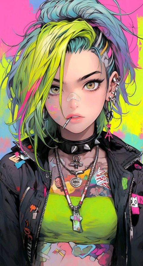 Anime Show, Arte Cyberpunk, Have Inspiration, Cyberpunk Character, Punk Girl, Cyberpunk Art, Green Hair, An Anime, Manga Comics