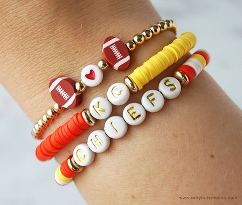 Football Heishi Bracelet Set | artsy-fartsy mama Sports Team Beaded Bracelets, Chiefs Bracelet Ideas, Super Bowl Games To Play, Super Bowl Games, Super Bowl Party Ideas, Fun Appetizers, Jewelry Homemade, Heishi Jewelry, Chief Clothes