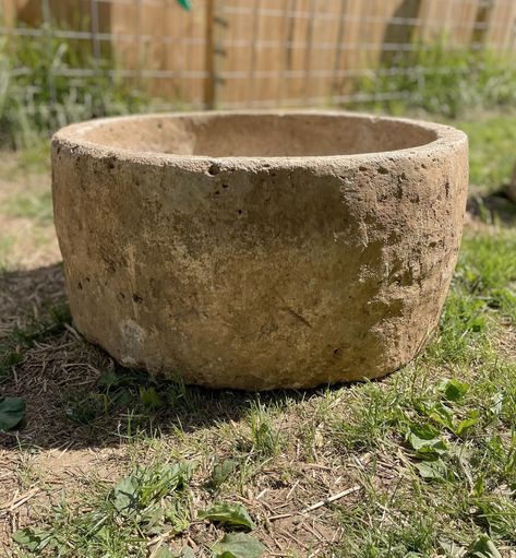 "Large antique limestone troughs. These round troughs bear the most perfect patina and texture that only comes with age. These troughs were hewn or carved from limestone and make a beautiful sink, planter, fountain, water feature, or as a focal point in the garden. Uniquely carved & no two troughs are ever the same. Dimensions: Option A 29\" x 29\" x 15\" Option B 22\" x 18.5\" x 17\" Option C 23.5\" x 17\" x 18.5\" Please not that these are extremely heavy." Stone House Decor, Limestone Fountain, Stone Trough, Rustic Pots, Diy Concrete Planters, Trough Planters, Stone Fountains, Outdoor Stone, Stone Planters