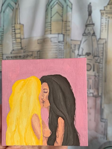 Two white female lesbians kissing. One has blonde hair, the other brown, it’s large and draped over their naked chests. They are in love, with a light pink background color. Mini Canvas Art For Girlfriend, Lovers Painting, Cute Paintings, Painting Inspo, Diy Canvas Art Painting, Mini Canvas Art, Mini Canvas, Two Girls, Art Styles