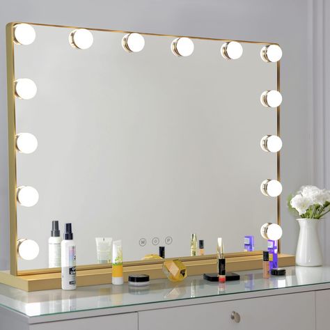 PRICES MAY VARY. [Adjustable Brightness & 3 Colors Lighting Modes] This vanity mirror with lights provides 3 colors lighting modes from cool white to warm yellow (3000-6000K). Besides, there are 14 LED bulbs around the vanity mirror, and you can adjust the brightness to meet your personal needs. [Smart Touch Control and Memory Function] The hollywood mirror is controlled by dimmable sensitive smart touch buttons. The "M" button is used to change the light modes, the middle button is used to turn Hollywood Mirror With Lights, Gold Vanity Mirror, Vanity Mirror With Lights, Hollywood Mirror, Broken Mirror, Desk Mirror, Flush Mount Lights, Cosmetic Mirror, Touch Control