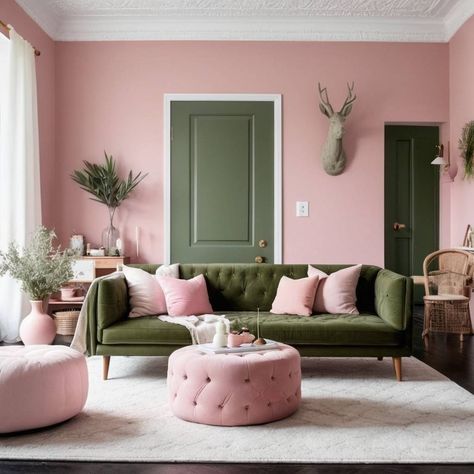 pink living room | Olive Color: Your Guide for Decor Colors That Go With Olive Green | Decoist Feminine Bedroom Decor, Green Glamour, Murs Roses, Feminine Bedroom, Green Couch, Pink Living Room, Green Sofa, Living Room Green, Living Room Windows