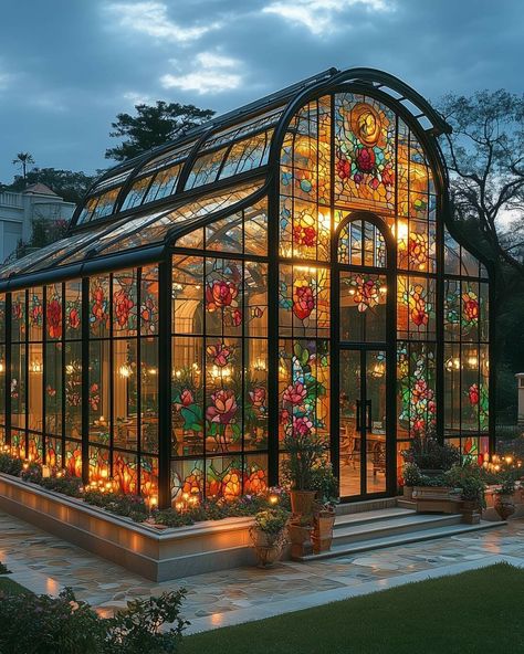 A stained glass greenhouse becomes a mesmerizing work of art. Greenhouse Cafe, Victorian Greenhouses, Gardening Club, Glass Greenhouse, Home Greenhouse, Front House Landscaping, Fantasy House, Outdoor Decor Backyard, Dream House Exterior