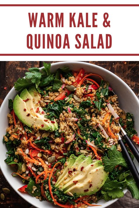 Kale And Quinoa Salad, Warm Kale Salad, Kale And Quinoa, Salad Quinoa, Vegan Quinoa Salad, Kale Quinoa Salad, How To Cook Kale, Cooked Quinoa, Lemon Tahini Dressing