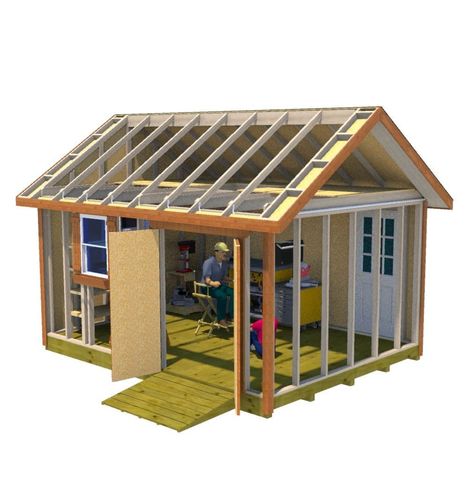 This 12x16 gable style shed with 5' double shed doors and back pre-hung entry door makes for the perfect workshop shed. #shedideas 10x15 Shed Plans, 12 X 16 Shed Plans, Double Shed Doors, 12x16 Shed, Garden Shed Plans, Shed Plans 12x16, Workshop Shed, Build Your Own Shed, Cheap Sheds