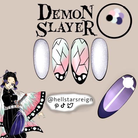 Shinobu Nail Design, Tengen Nail Art, Demon Slayer Themed Nails, Shinobu Kochou Nails, Uñas Demon Slayer, Shinobu Nails, Demon Slayer Nail Art, Demon Slayer Inspired Nails, Demon Slayer Nails