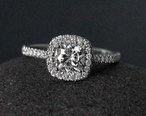 Halo Cushion Cut Engagement Ring With Band, Cushion With Halo Engagement Ring, Silver Halo Engagement Ring, Unique Engagement Rings For Women, Engagement Rings Halo Cushion, Cushion Cut Engagement Ring With Halo, Beautiful Rings Engagement, Rings Engagement Halo, Cushion Engagement Rings