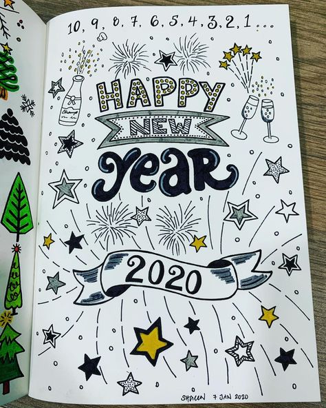 New Year Doodle Art 2024, New Years Calendar Ideas, New Years Doodles, New Years Bullet Journal, January Calendar Ideas, January Doodles, Happy New Year Doodle, New Year Doodles, Happy New Year Drawing