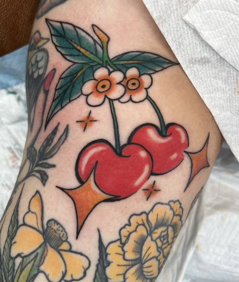 Cute cherry tattoo Cherry American Traditional Tattoo, Cherry Tattoo Traditional, Cute Cherry Tattoo, Traditional Cherry Tattoo, Small Cherry Tattoo, Dainty Tats, Cherry Drawing, Silverton Oregon, Cherry Tattoo