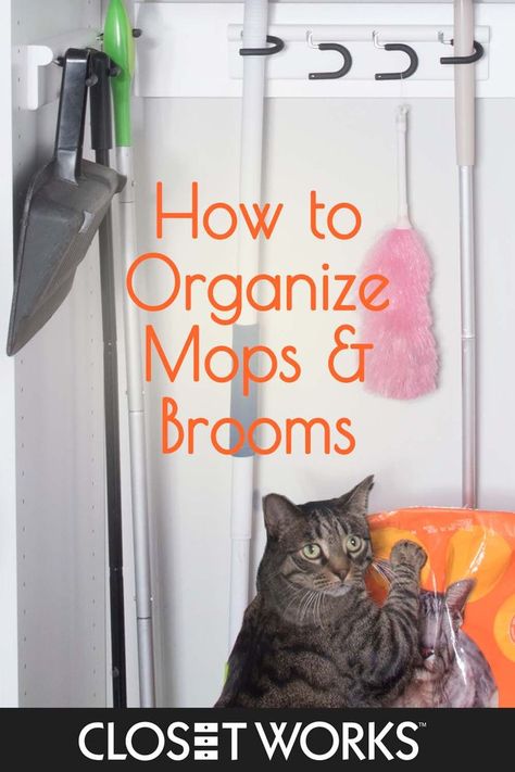 Close-up of mops and brooms hanging in closet with a cat reaching for them. Storage For Brooms And Mops Small Spaces, Store Mops And Brooms, Broom Closet Organizer, Broom Cupboard, Adjustable Closet System, Broom Storage, Broom Closet, Organizational Tips, Mops And Brooms