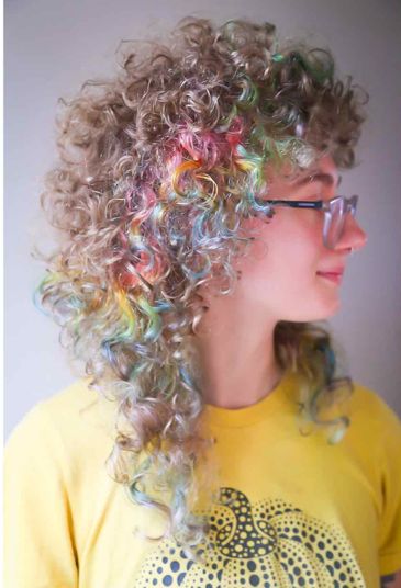 Bright Curly Hair Color Ideas, Multicolored Curly Hair, Multi Dyed Hair, Fashion Color Curly Hair, Curly Multicolored Hair, Multicolor Curly Hair, Curly Pastel Hair, Multi Colored Curly Hair, Colourful Curly Hair