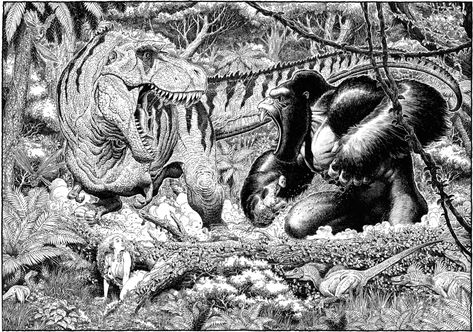 King Kong vs T. rex ~ Art by Arthur Adams ~ I love the small dinos approaching Ann Darrow Arthur Adams, Bd Comics, 다크 판타지, Old Images, Movie Monsters, Comic Book Artists, Face Off, King Kong, Black & White