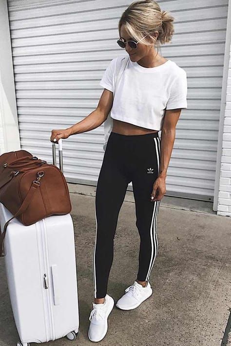 adidas pants with white sneakers and a white t-shirt. The perfect airport outfit. Visit Daily Dress Me at dailydressme.com for more inspiration          women's fashion 2018, summer fashion, travel outfits, vacation outfits, airport outfits Adidas Pants Outfit, Daily Dress Me, Looks Adidas, Adidas Hose, Vestiti Edgy, Insta Ideas, Legging Outfits, Stil Inspiration, Leggings Sale