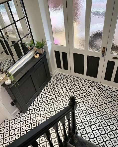 Dunelm on Instagram: “Things aren't always black and white, but this hallway is! @insidenumber_50 's entrance has had a monochrome makeover using our easy to use…” Tiles Hall, Black And White Hallway, White Hallway, Entry Room, Pattern Tiles, Hallway Designs, Black And White Pattern, Staircases, Tile Patterns