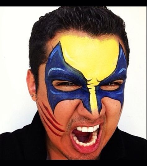 Wolverine blue, black and yellow face paint design ideas. Eye Makeup Editorial, Yellow Face Paint, Wolverine Mask, Gold Face Paint, Guy Face, Hero Ideas, Body Paintings, Face Painting For Boys, Face Paint Ideas