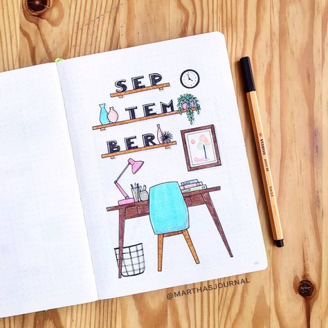 Martha's journal on Instagram: “Finally posting my September cover! Since it's back to school time I chose a desk theme! 📚 • • • • #bulletjournal #bujo #bulletjournaling…” Bullet Journal September, My September, Bullet Journal Cover Page, Bullet Journal Cover Ideas, Bullet Journal Paper, Bullet Journal Aesthetic, Bullet Journal Notebook, Bullet Journal School, Seni Cat Air