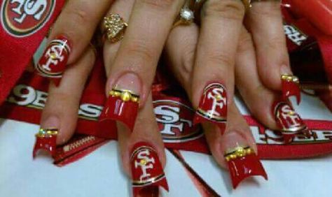 San Francisco 49ers.  :) :) San Francisco 49ers Nails Design, 49er Nails Designs, 49ers Nails Designs, 49ers Nails, 49ers Football, Get Nails, Coffin Nails Designs, Nails Designs, Denver Broncos