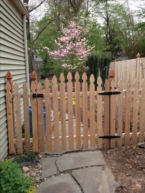 FRENCH GOTHIC CROWNED WOOD GATE INSTALLED BY BERGEN FENCE French Gothic Picket Fence, Gothic Fence Ideas, Gothic Picket Fence, Landscaping Walls, Fence Inspiration, Picket Fence Gate, Wood Fence Gates, Wood Picket Fence, Bungalow Ideas