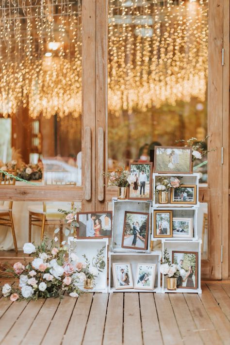 Engagement Photo Table Display, Wedding Picture Table Ideas, Photo Frame Floral Arrangement, Picture Display Wedding Reception, Picture Display For Wedding, Corner Backdrop Ideas, Memorial Display At Wedding, Memorial Display Wedding, Generations Of Love Wedding Display