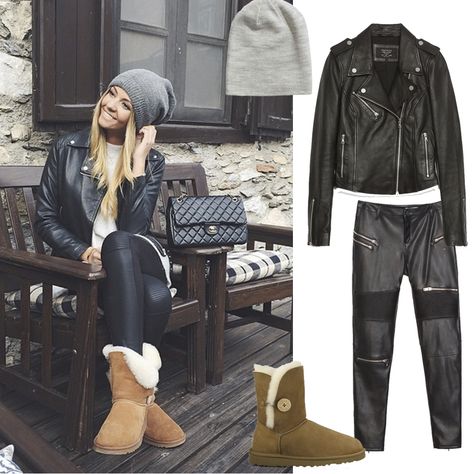 Aretha la Galleta (@arethalagalleta) http://www.arethalagalleta.com/insta-looks-2/ Rural Outfit, Ugg Outfits, Edgy Leather Jacket, Uggs Outfit, Casual Work Outfits, Basic Outfits, Winter Looks, Outfits Casuales, Edgy Fashion