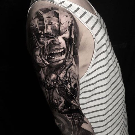 Avengers Tattoo Sleeve Black And White Idea Marvel Tattoos Black And White, Avengers Sleeve Tattoo, Avengers Symbols, Collage Tattoo, Avengers Tattoo, Supernatural Tattoo, Marvel Tattoos, Scary Tattoos, Tattoo Design Ideas