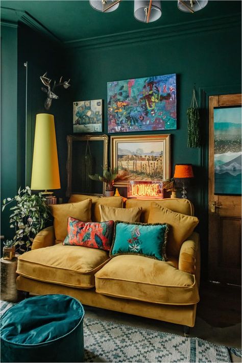 Colorful and Patterned London Terrace House Photos | Apartment Therapy London Terrace House, Home Ideas Kitchen, Home Drawing, Drawing Home, Green Lounge, Dark Green Walls, Yellow Sofa, Beige Sofa, London House