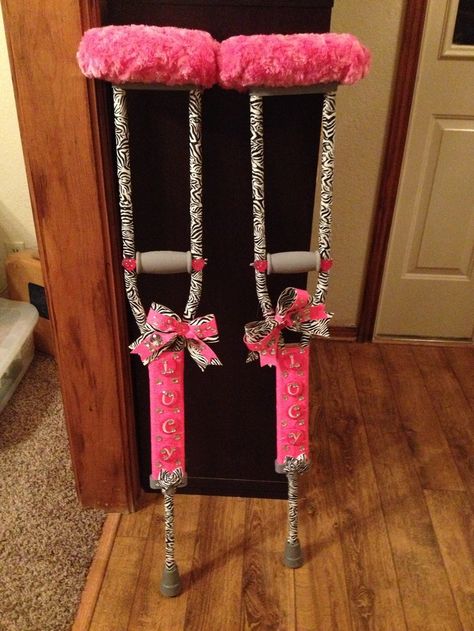 decorate crutches glitter | Bling zebra crutches! Limpin in style! Crutches Padding Diy, Crutches Diy, Crutch Covers, Cast Decoration, Crutch Pad, Broken Foot, Ankle Surgery, Broken Ankle, Leg Cast