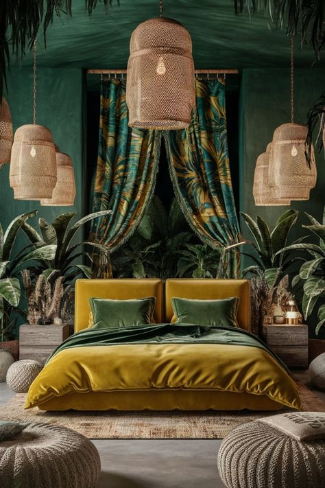 Elevate your bedroom decor with tropical luxe and boho elegance. Emerald walls, mustard bedding, textured poufs, and lush greenery create an inviting sanctuary full of warmth and sophistication. #TropicalBohoVibes #EmeraldGreenDecor #BohoChicBedroom #RusticTropicalDesign #CozyBedroomGoals #LushGreeneryDecor #MustardAndEmerald #BohemianElegance #TropicalSanctuary #InteriorInspiration Safari Inspired Bedroom, Emerald And Mustard Bedroom, Jungle Room Aesthetic, Boho Luxe Bedroom, Jungle Bedroom Ideas For Adults, Emerald Walls, Emerald Bedroom, Mustard Bedroom, Tropical Luxe