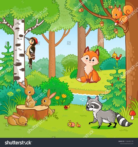 Vector illustration with cartoon animals in the forest. Picture in the children's style. Set of animals. #Ad , #ad, #cartoon#animals#Vector#illustration Animals And Birds, Kids Cartoon, 1 800, Cartoon Animals, Vector Images, Vector Illustration, Forest, Birds, Animals