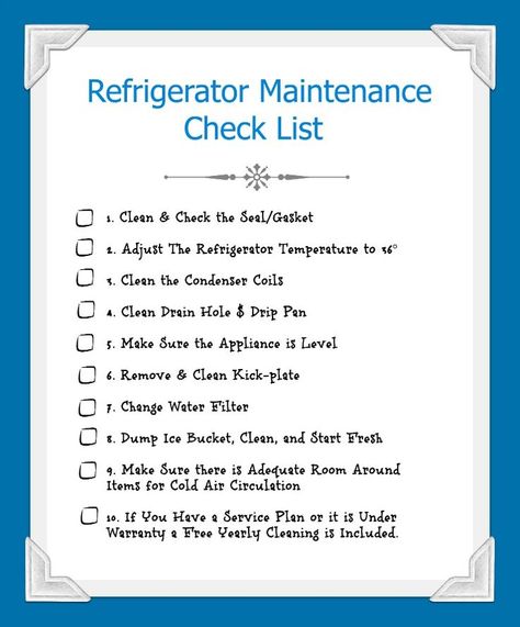 Refrigerator Maintenance Check List | CreativeCainCabin.com Refrigerator Maintenance, Cleaning Refrigerator, Refrigerator Cleaning, Clean Refrigerator, Household Management, Deodorizing, Crochet And Knitting, Cleaning Recipes, Cleaning Checklist