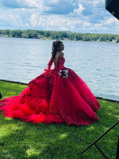 Red Quince Dress With Butterflies, Red Quinceanera Dresses Long Tail, Red Quince Doll, Ruby Quinceanera Dresses, Quencinera Dresses Red, Quinseñeras Dress Red, Qencenera Dresses Red, Xv Dresses Red, Royal Red Quinceanera Dresses