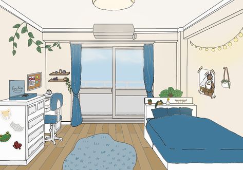 Room Outline, Anime Bedroom Drawing, Bedroom Background Drawing, Casa Dibujo Aesthetic, Anime Houses, Dorm Room Layouts, Girl Dorms, Bedroom Drawing, Dorm Design