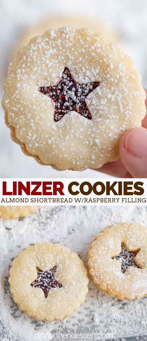 Linzer Cookies are almond flavored shortbread cookies made with a raspberry jam filling and dusted with powdered sugar for a festive jam filled sandwich cookie. #cookie #cookies #linzer #linzercookies #raspberry #jam #christmas #dessert #baking #dinnerthendessert Cookies Filling, Raspberry Linzer Cookies, Linzer Cookies Recipe, Shortbread Cookies Christmas, Christmas Shortbread, Sandwich Cookie, Raspberry Cookies, Linzer Cookies, Jam Cookies