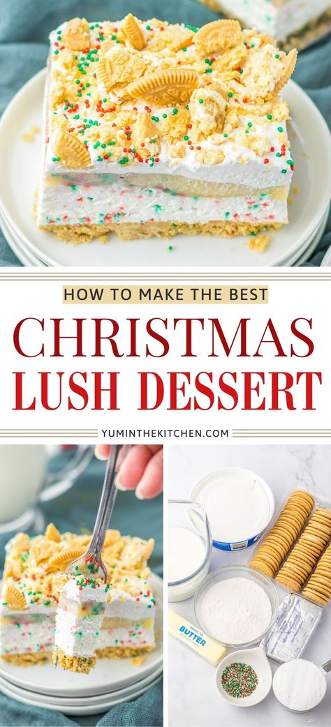 Enjoy a simple and festive Christmas cookie lush dessert this holiday season! This no bake recipe features layers of creamy cheesecake and cookies, making it an easy and delicious treat. Perfect for holiday parties and gatherings, this make-ahead dessert is a crowd-pleaser. Celebrate with this delightful treat! No Bake Christmas, Christmas Dinner Desserts, Lush Recipes, Favorite Christmas Desserts, Holiday Ice Cream, Bake Christmas, Delicious Holiday Desserts, Christmas Baking Cookies, Christmas Cheesecake