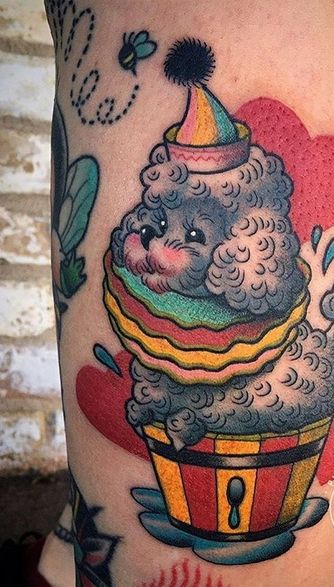 The 14 Best Circus Tattoo Ideas For Poodle Lovers | PetPress Poodle Tattoo Traditional, Circus Tattoo Ideas, Dog Grooming Tattoo, Mochi Tattoo, Doggo Tattoo, Carnival Tattoo, Designing Tattoos, Poodle Tattoo, Circus Tattoo